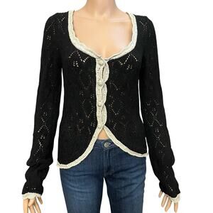Free People Adelene Cardigan Small Pointelle Knit Crochet Button Down Coquette